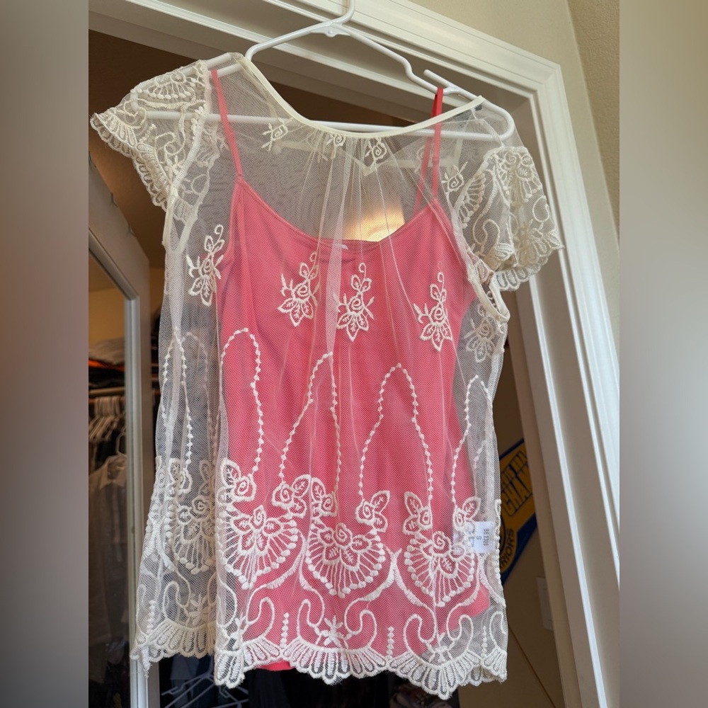 Elegant Pink and White Lace Overlay Top